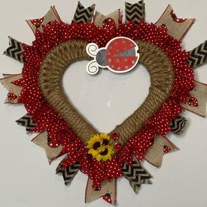 Lady Bug Heart Shape Jute Wreath Wood Bee Embellishment Summer Door Decor